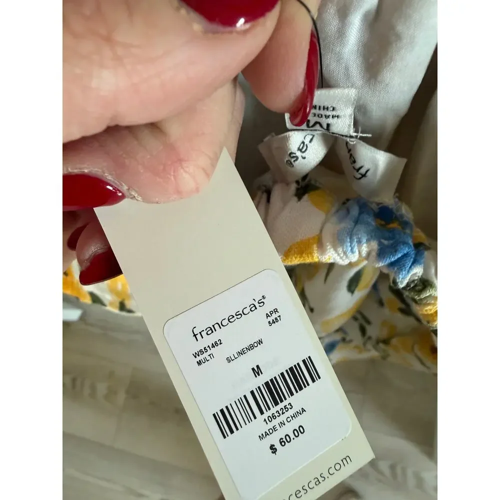 Francesca's Womens Medium White Yellow Blue Dora Lemon Print Bow Back Mini Dress